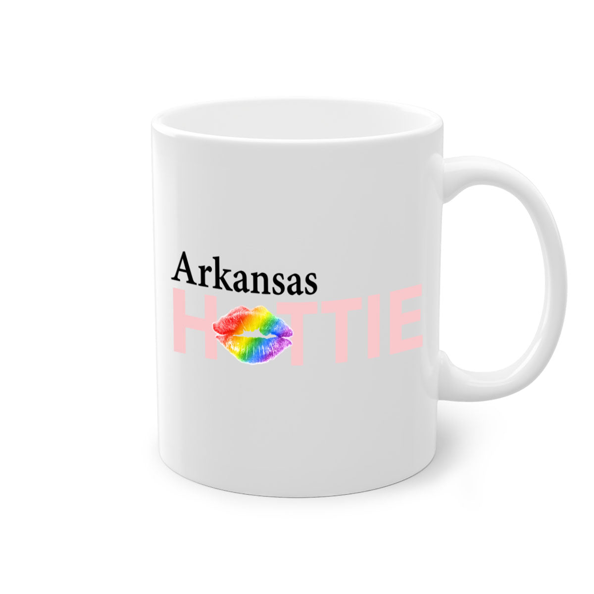 Arkansas Hottie Mug featuring rainbow lips design with a glossy finish and colored handle.