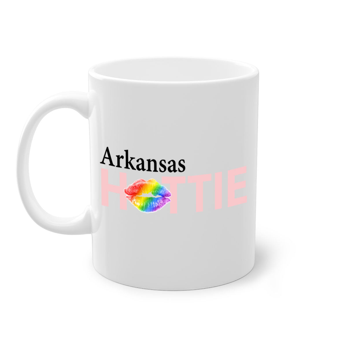 Arkansas Hottie Mug featuring rainbow lips design with a glossy finish and colored handle.