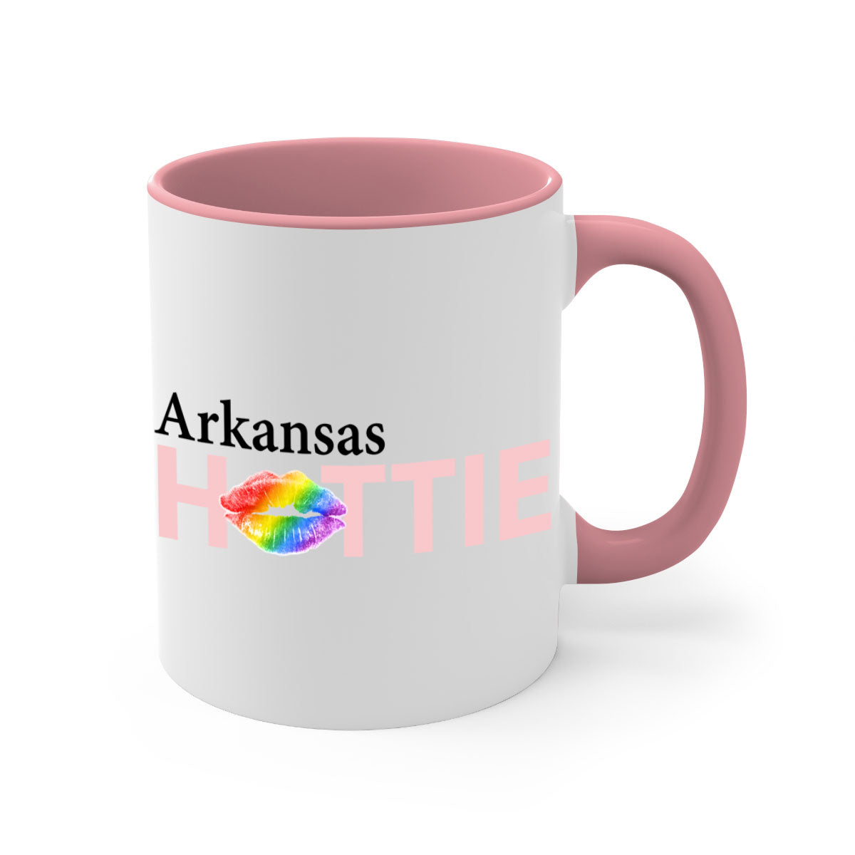 Arkansas Hottie Mug featuring rainbow lips design with a glossy finish and colored handle.