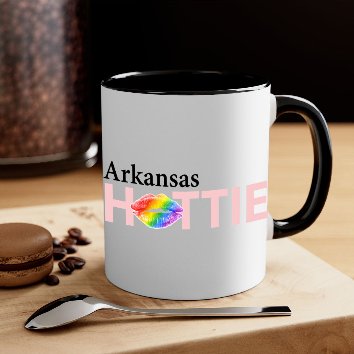 Arkansas Hottie Mug featuring rainbow lips design with a glossy finish and colored handle.