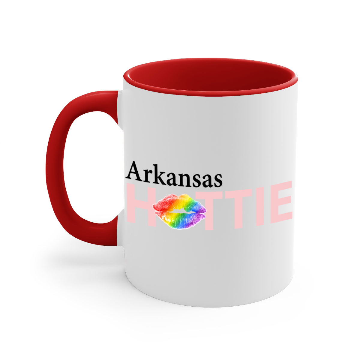 Arkansas Hottie Mug featuring rainbow lips design with a glossy finish and colored handle.