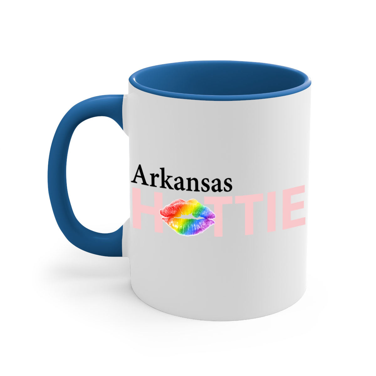 Arkansas Hottie Mug featuring rainbow lips design with a glossy finish and colored handle.