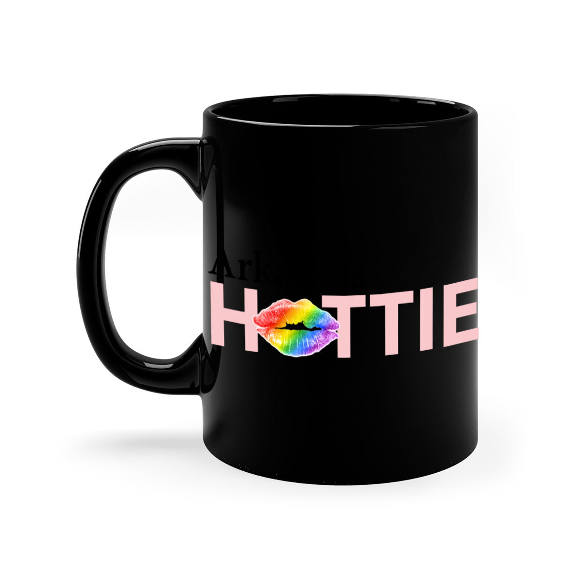 Arkansas Hottie Mug featuring rainbow lips design with a glossy finish and colored handle.