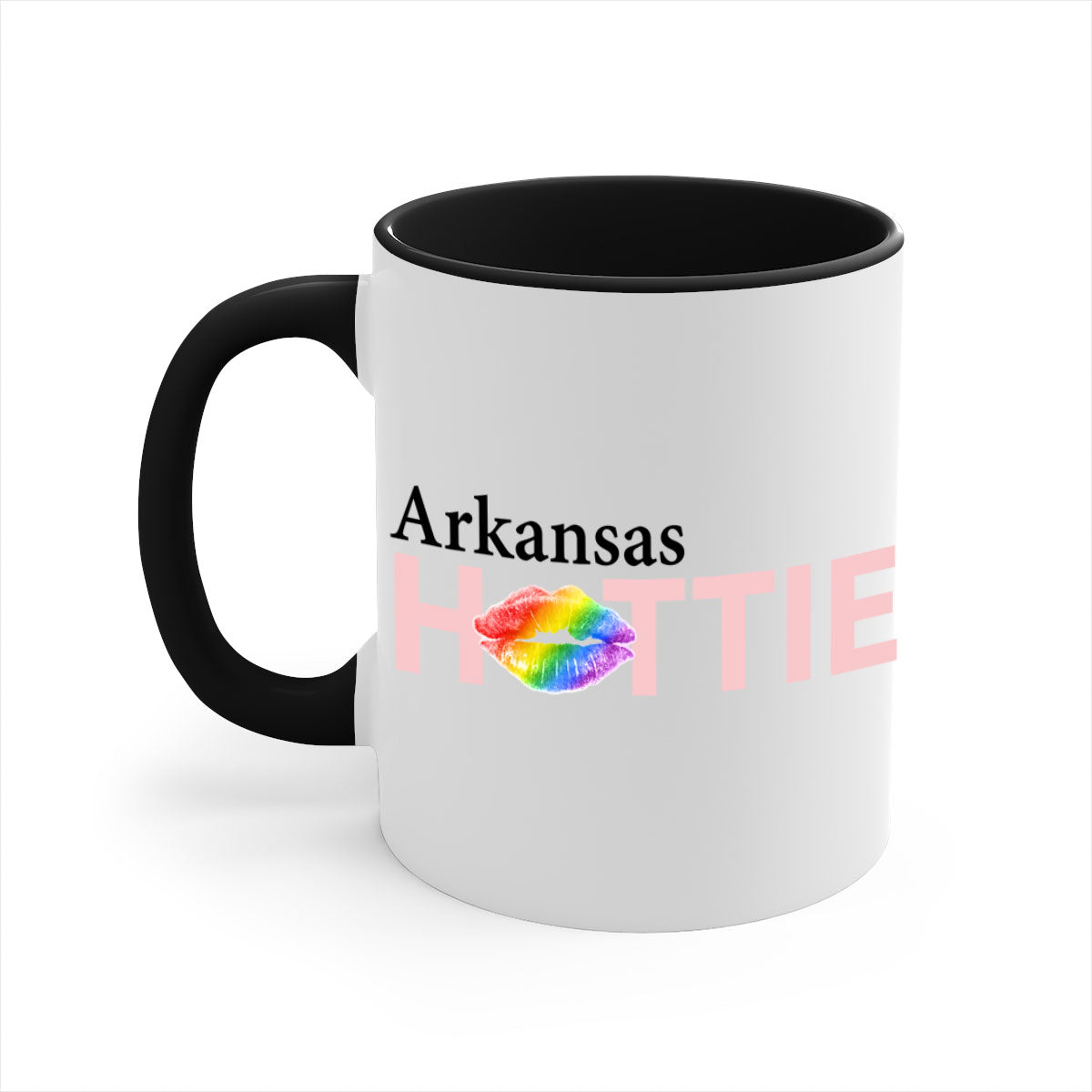 Arkansas Hottie Mug featuring rainbow lips design with a glossy finish and colored handle.