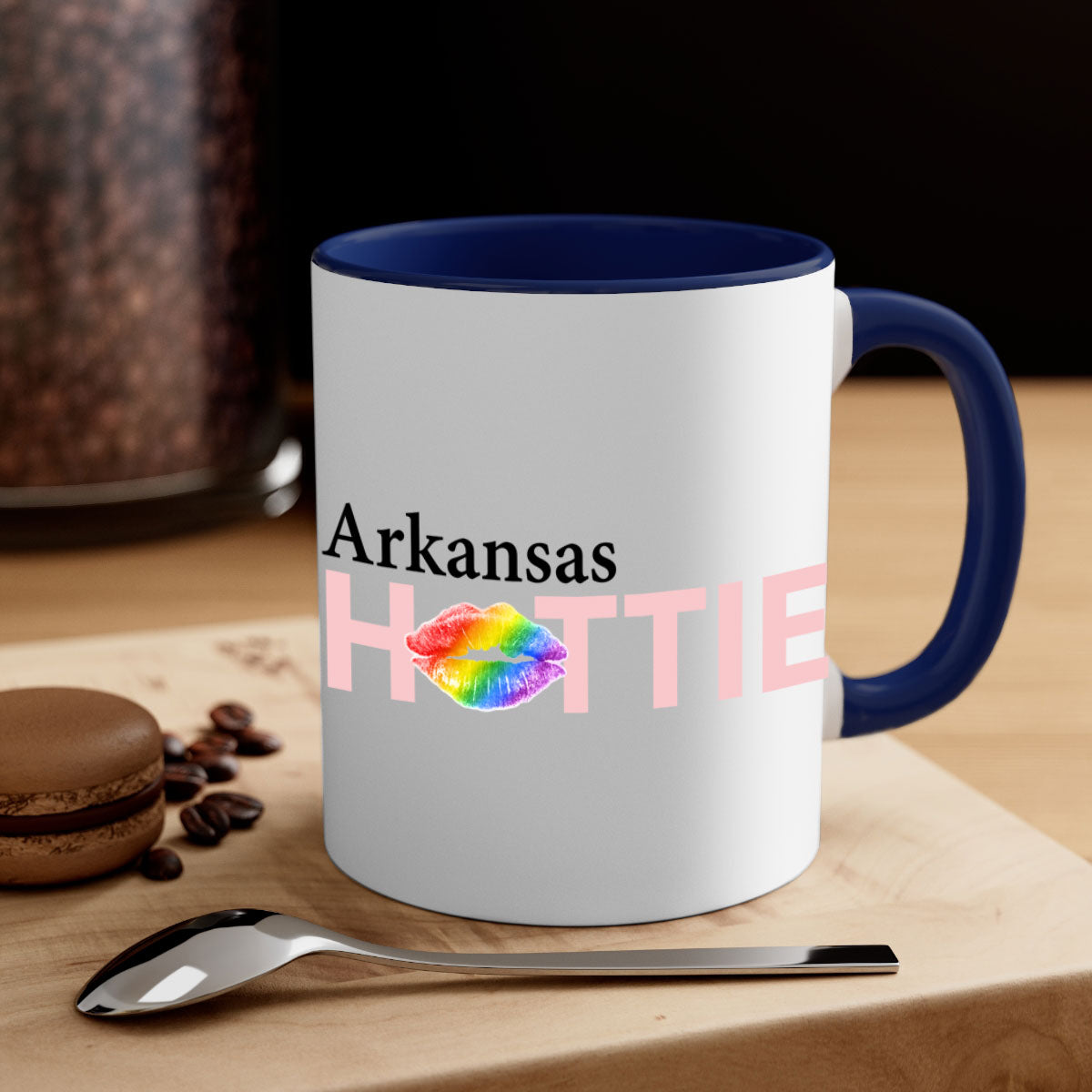 Arkansas Hottie Mug featuring rainbow lips design with a glossy finish and colored handle.