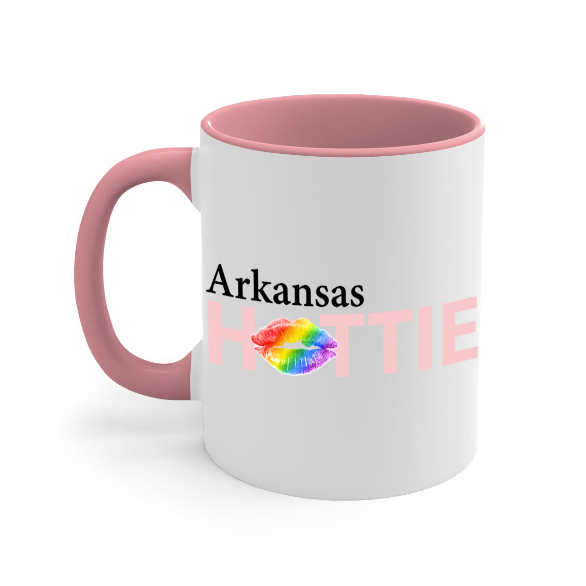 Arkansas Hottie Mug featuring rainbow lips design with a glossy finish and colored handle.