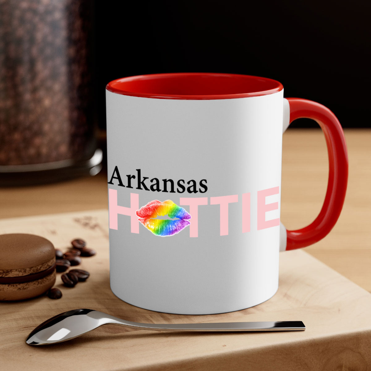 Arkansas Hottie Mug featuring rainbow lips design with a glossy finish and colored handle.