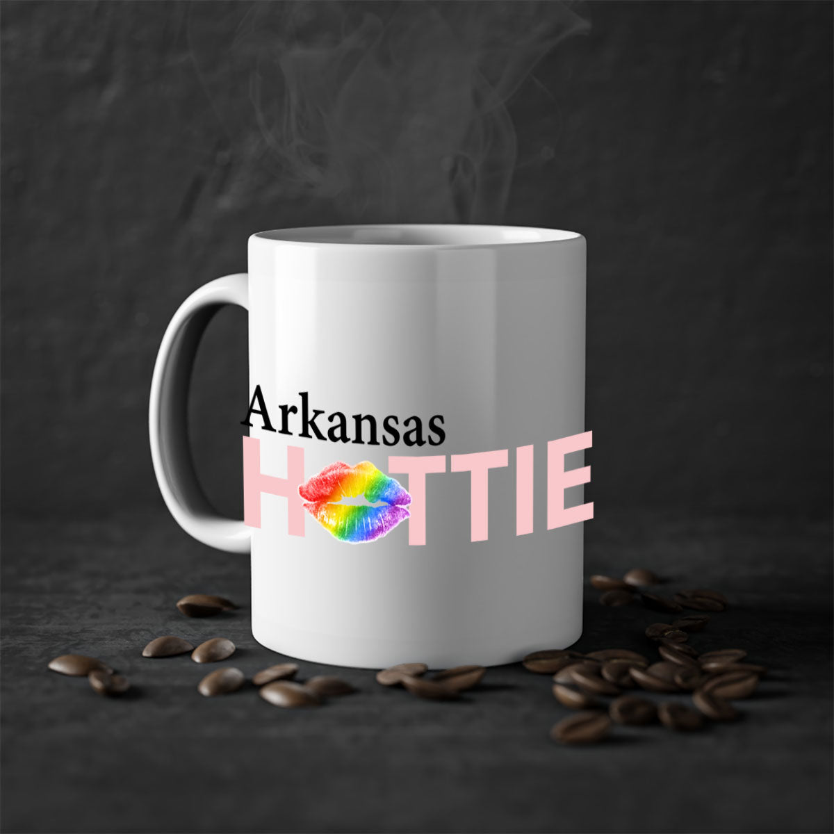 Arkansas Hottie Mug featuring rainbow lips design with a glossy finish and colored handle.