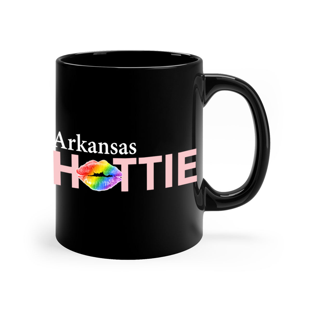 Arkansas Hottie Mug featuring rainbow lips design with colorful handle and glossy finish, available in two sizes.