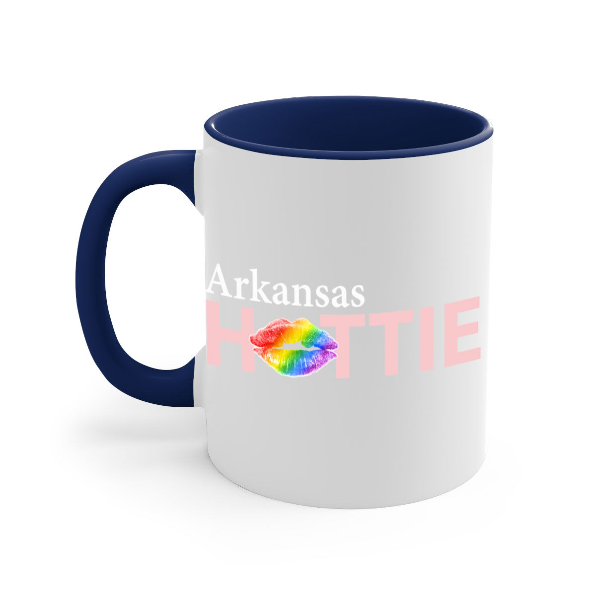 Arkansas Hottie Mug featuring rainbow lips design with colorful handle and glossy finish, available in two sizes.