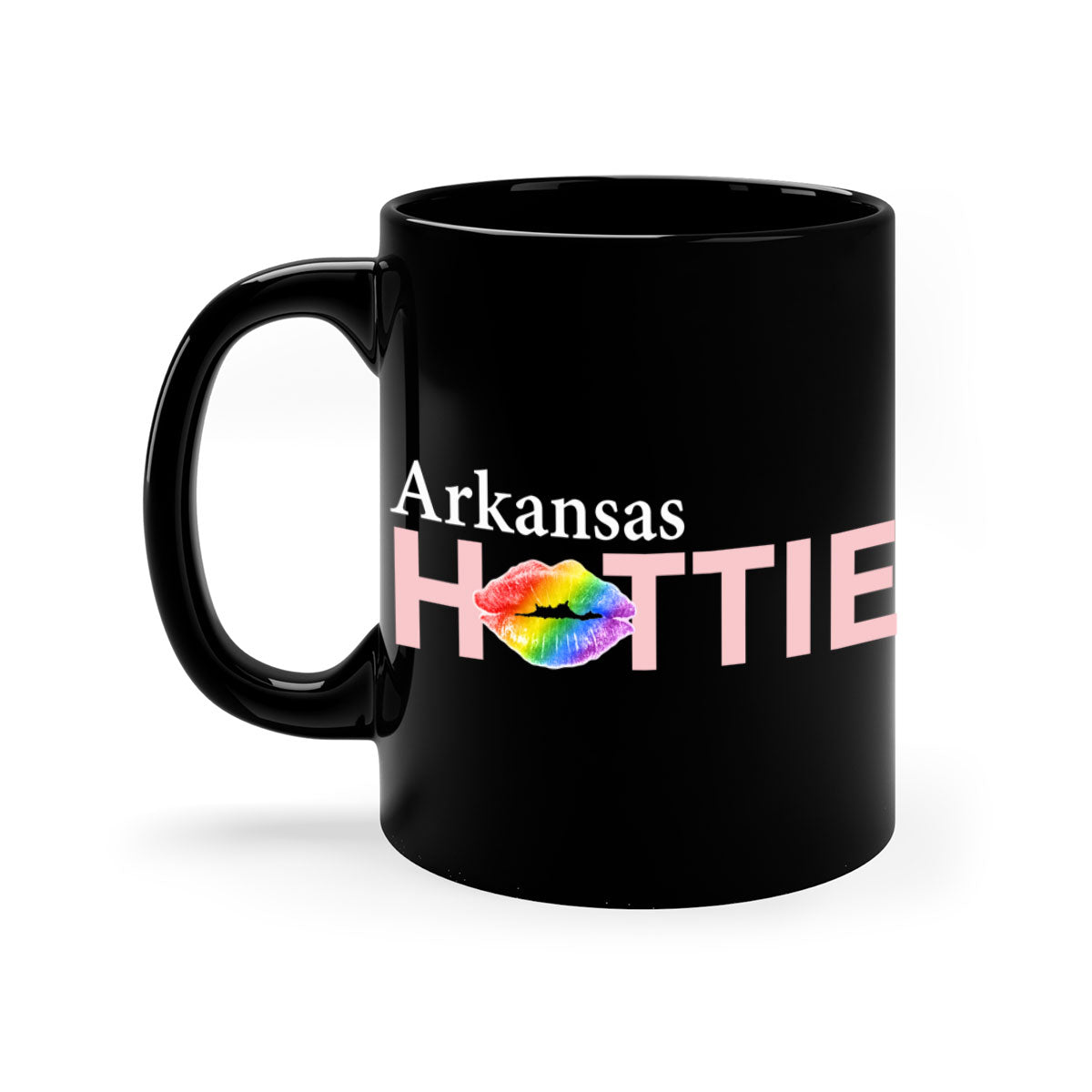 Arkansas Hottie Mug featuring rainbow lips design with colorful handle and glossy finish, available in two sizes.