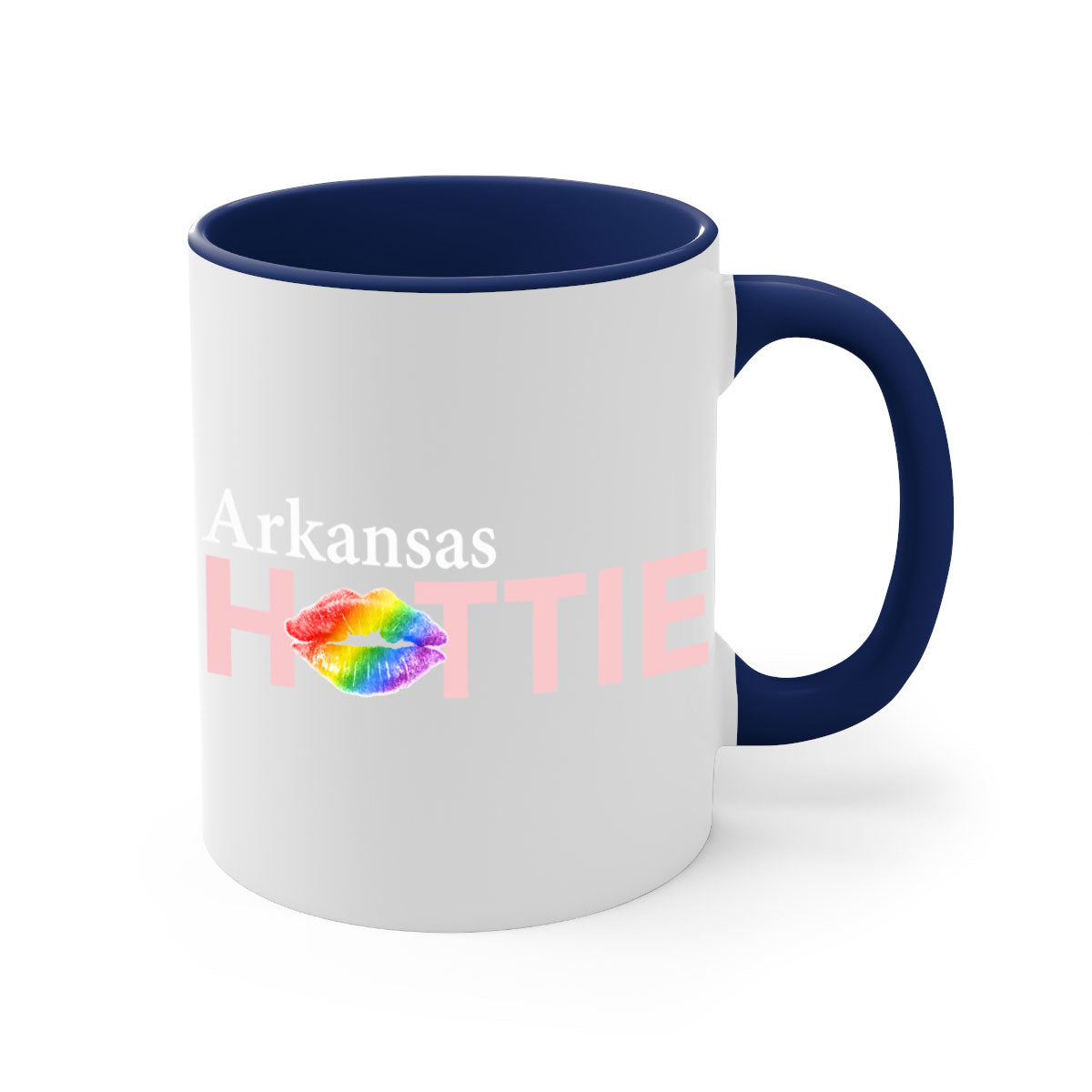 Arkansas Hottie Mug featuring rainbow lips design with colorful handle and glossy finish, available in two sizes.