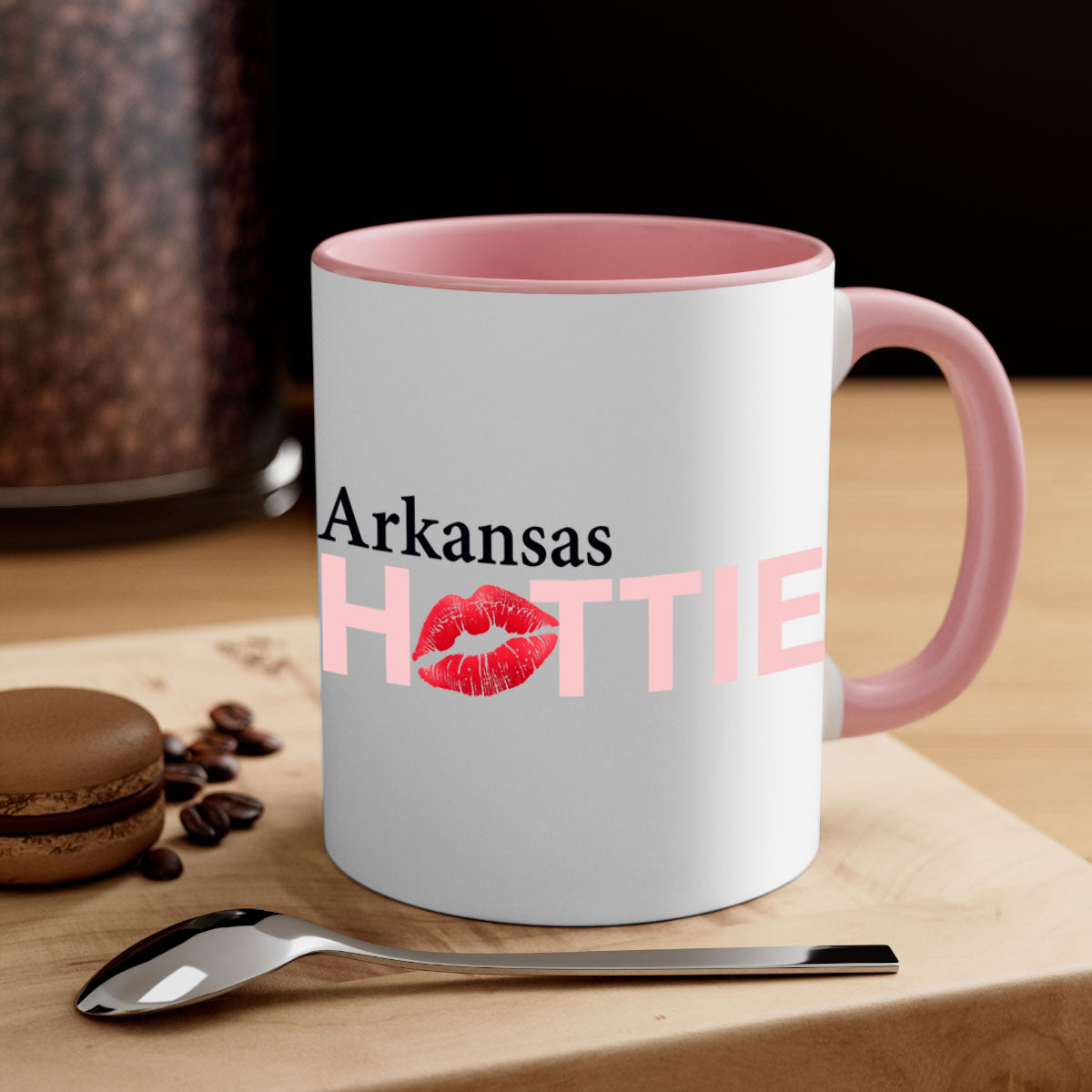 Arkansas Hottie With Red Lips Mug featuring a glossy finish, colorful handle, and interior, available in multiple colors.