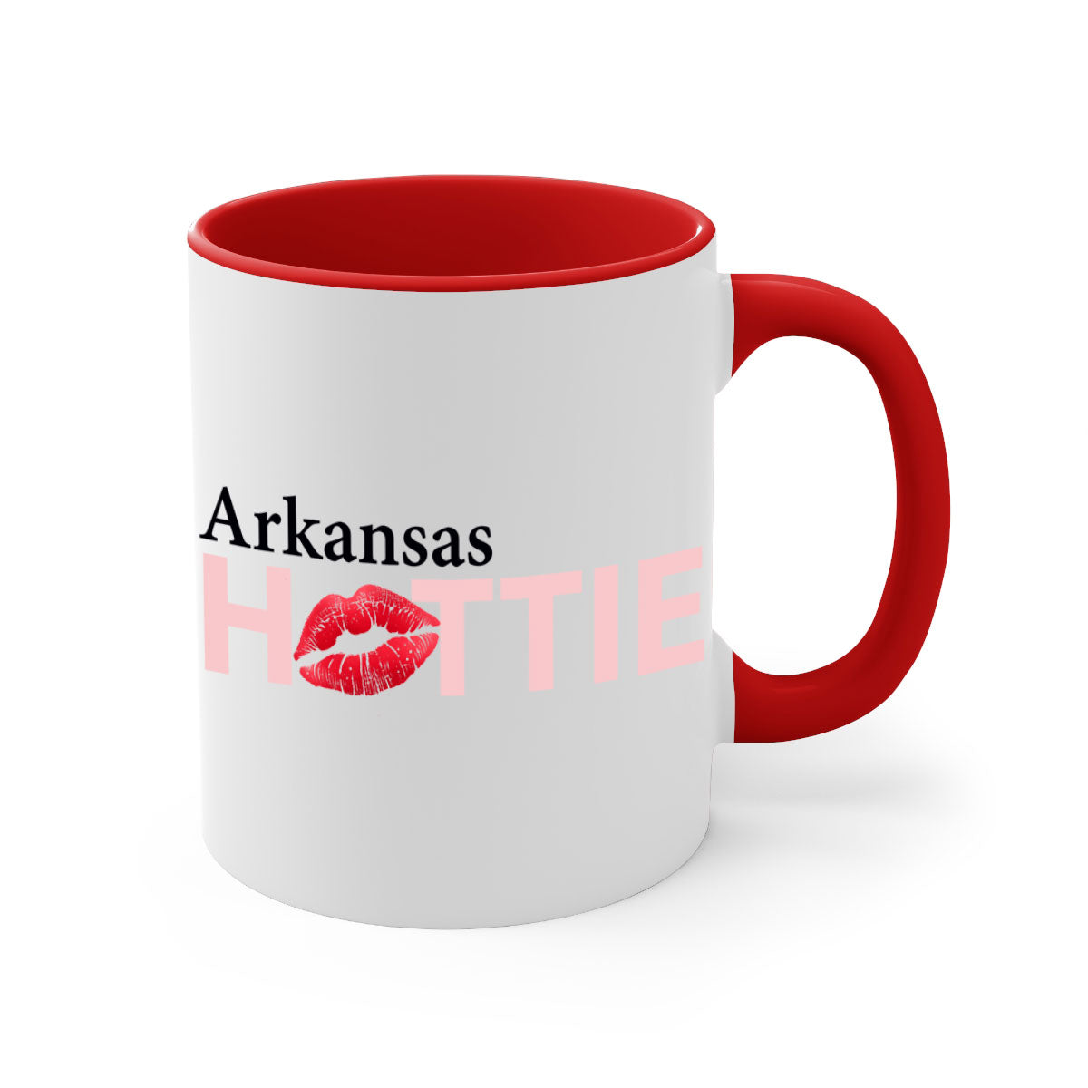 Arkansas Hottie With Red Lips Mug featuring a glossy finish, colorful handle, and interior, available in multiple colors.