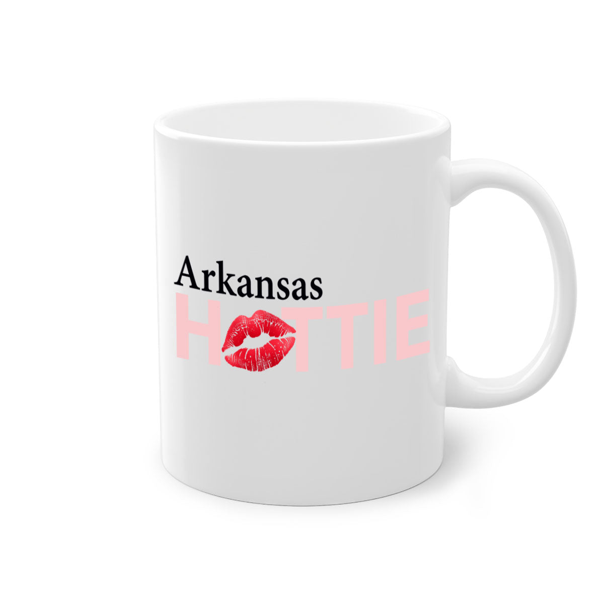 Arkansas Hottie With Red Lips Mug featuring a glossy finish, colorful handle, and interior, available in multiple colors.