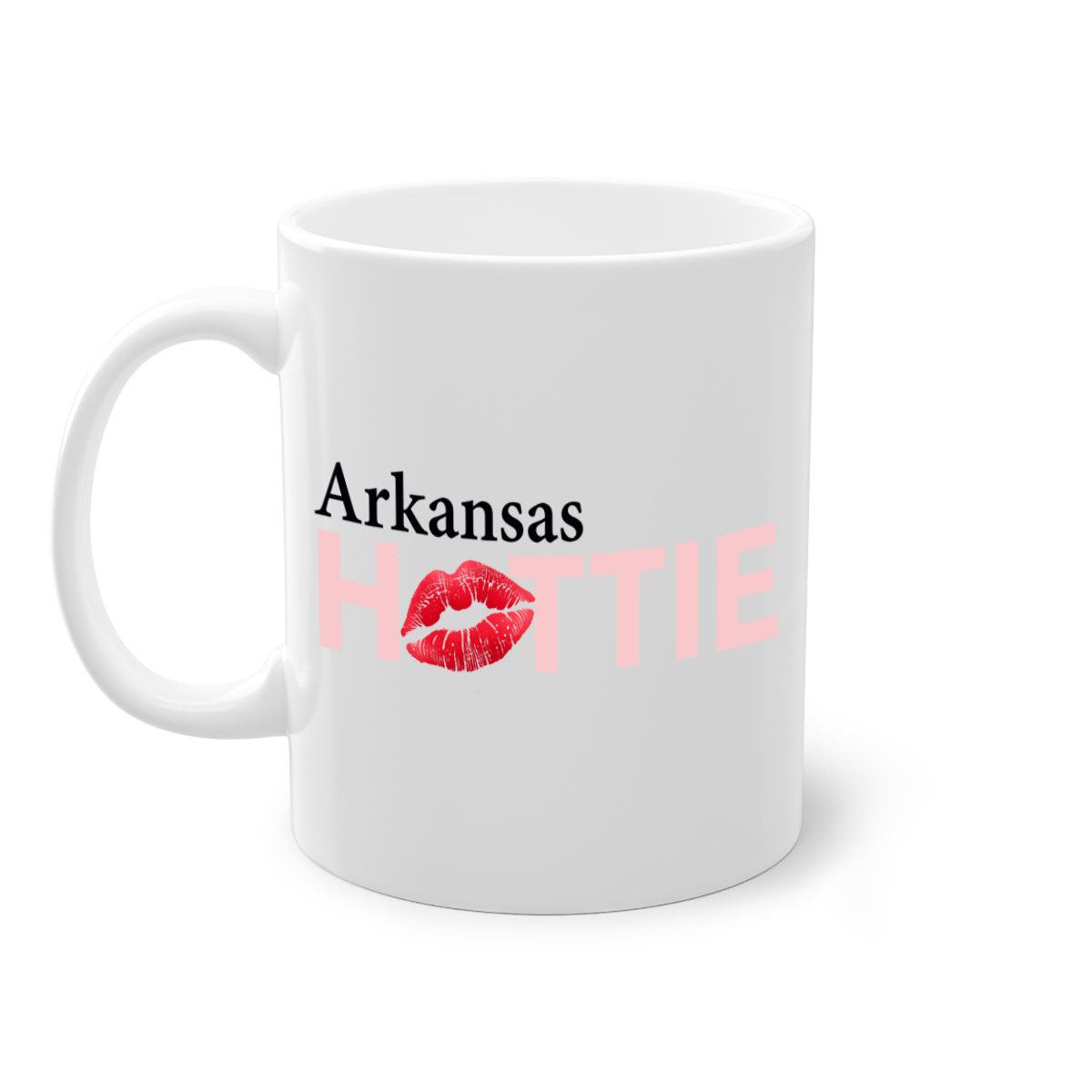 Arkansas Hottie With Red Lips Mug featuring a glossy finish, colorful handle, and interior, available in multiple colors.