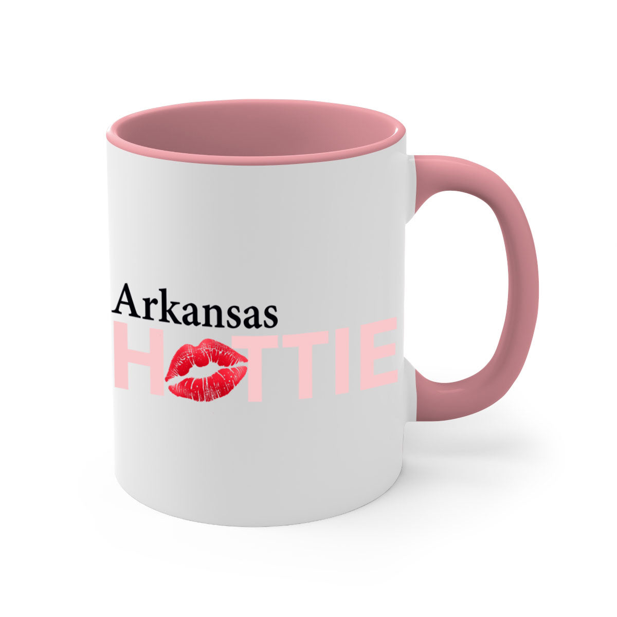 Arkansas Hottie With Red Lips Mug featuring a glossy finish, colorful handle, and interior, available in multiple colors.