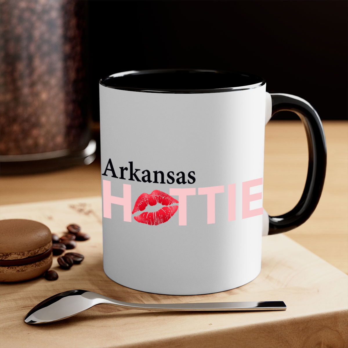 Arkansas Hottie With Red Lips Mug featuring a glossy finish, colorful handle, and interior, available in multiple colors.