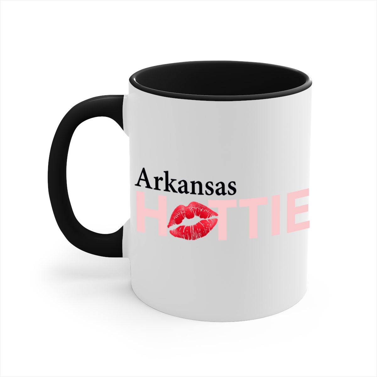 Arkansas Hottie With Red Lips Mug featuring a glossy finish, colorful handle, and interior, available in multiple colors.