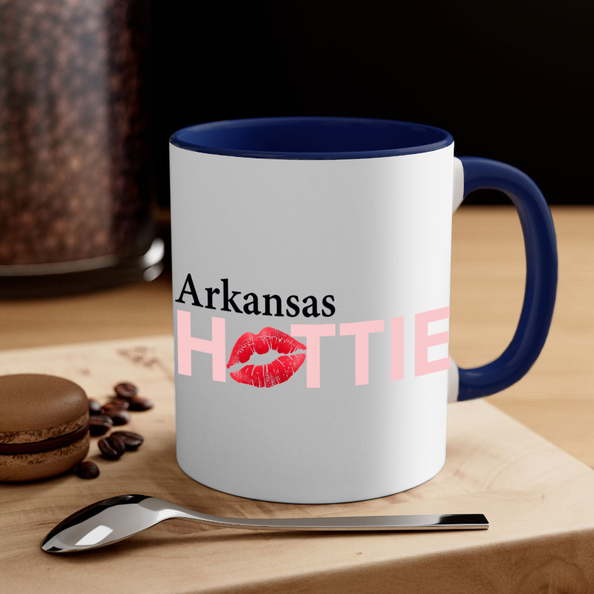 Arkansas Hottie With Red Lips Mug featuring a glossy finish, colorful handle, and interior, available in multiple colors.