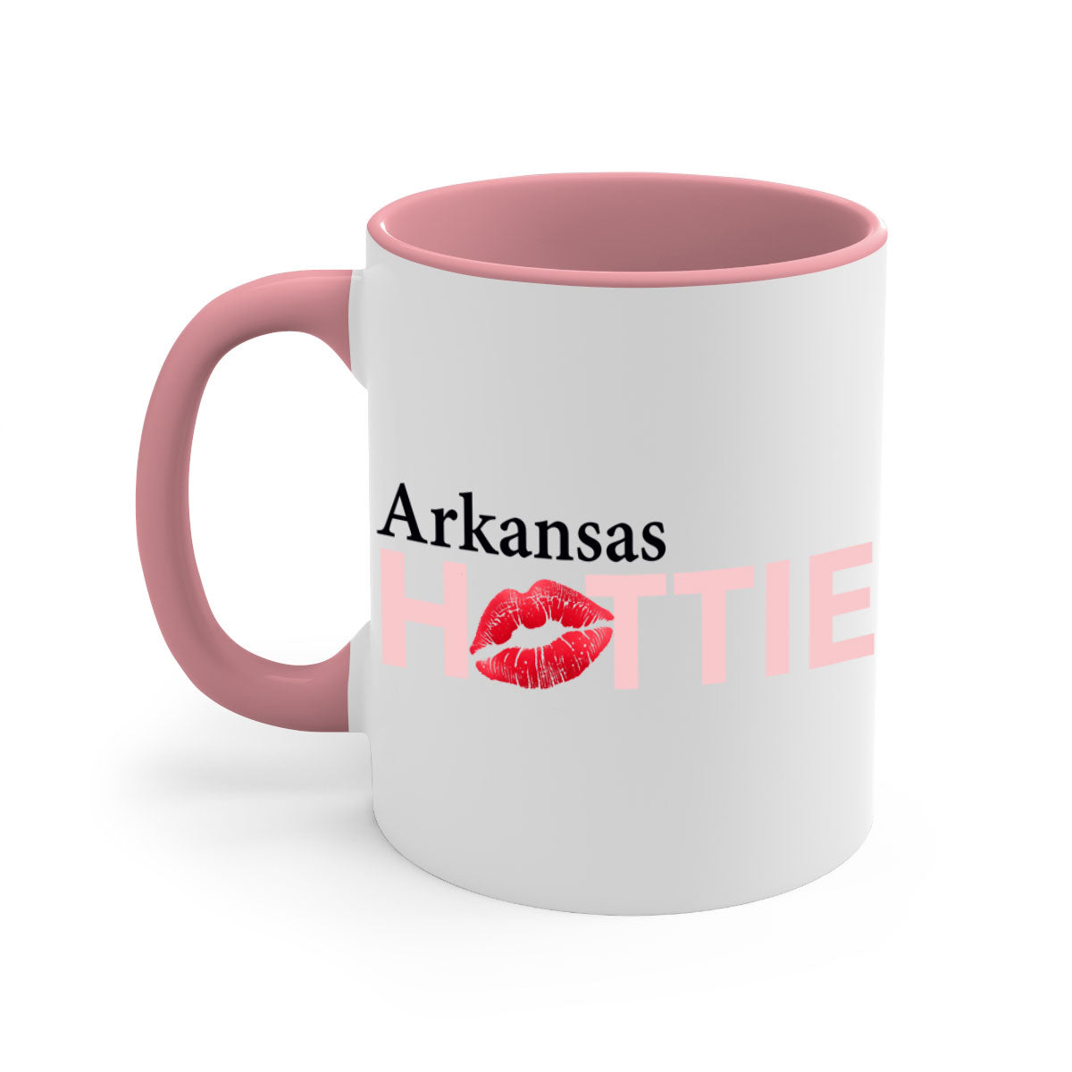 Arkansas Hottie With Red Lips Mug featuring a glossy finish, colorful handle, and interior, available in multiple colors.