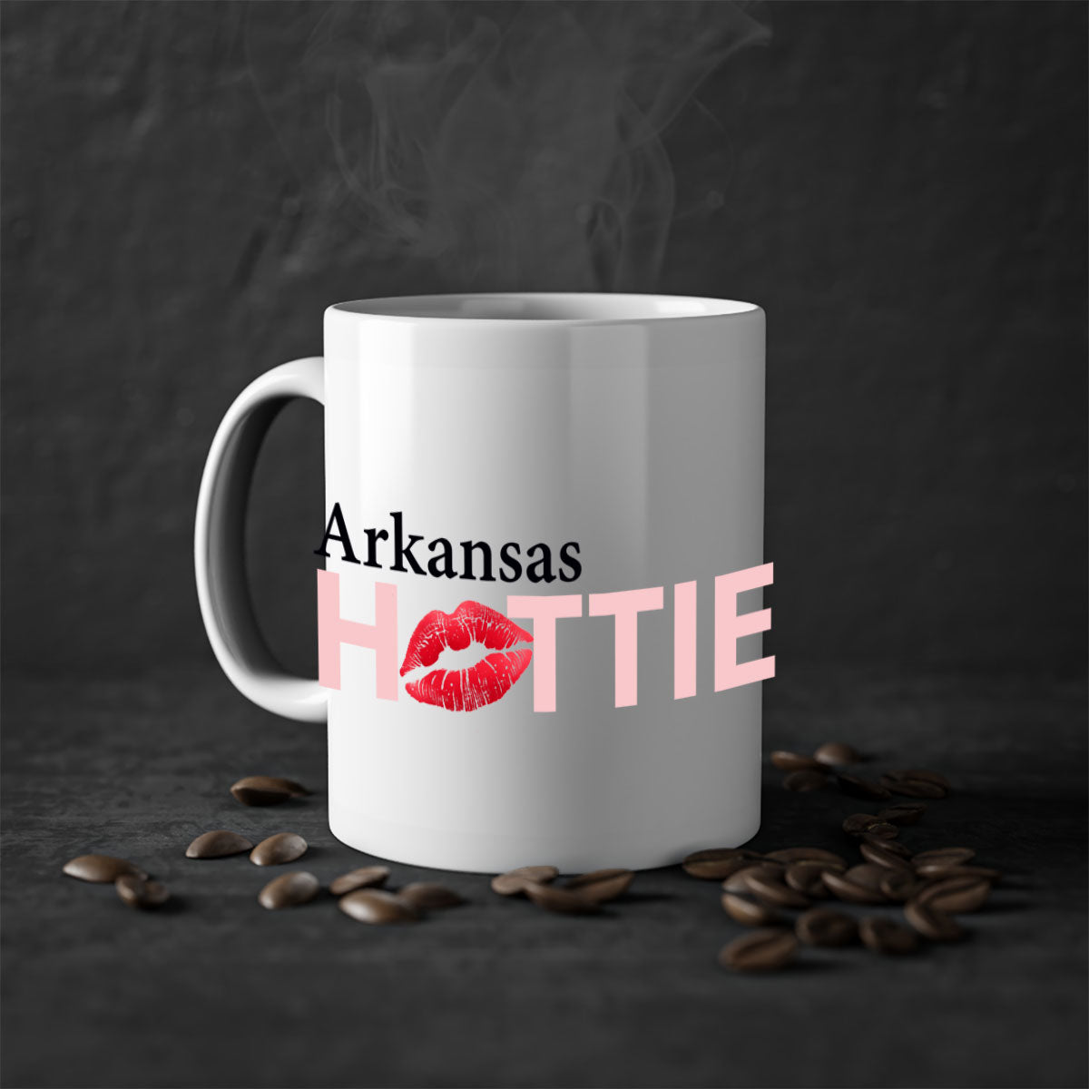 Arkansas Hottie With Red Lips Mug featuring a glossy finish, colorful handle, and interior, available in multiple colors.