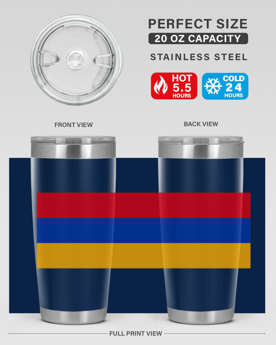 Armenia 190# Tumbler featuring the Armenian flag design, made of double wall vacuum stainless steel with a drink-thru lid.