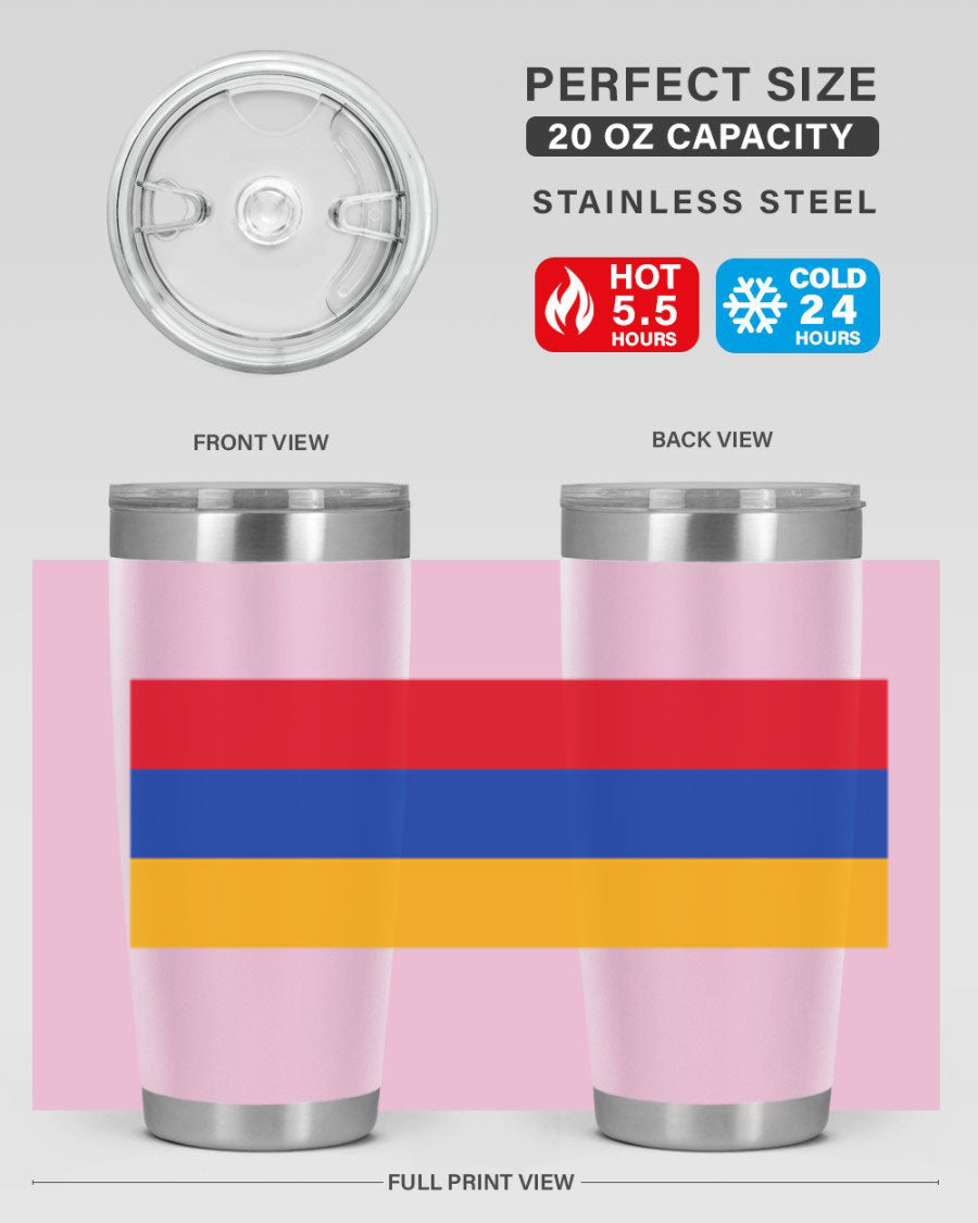 Armenia 190# Tumbler featuring the Armenian flag design, made of double wall vacuum stainless steel with a drink-thru lid.