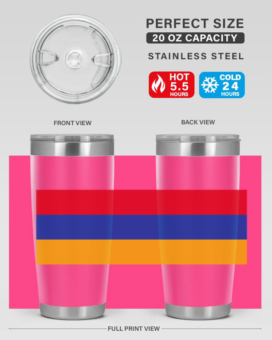 Armenia 190# Tumbler featuring the Armenian flag design, made of double wall vacuum stainless steel with a drink-thru lid.