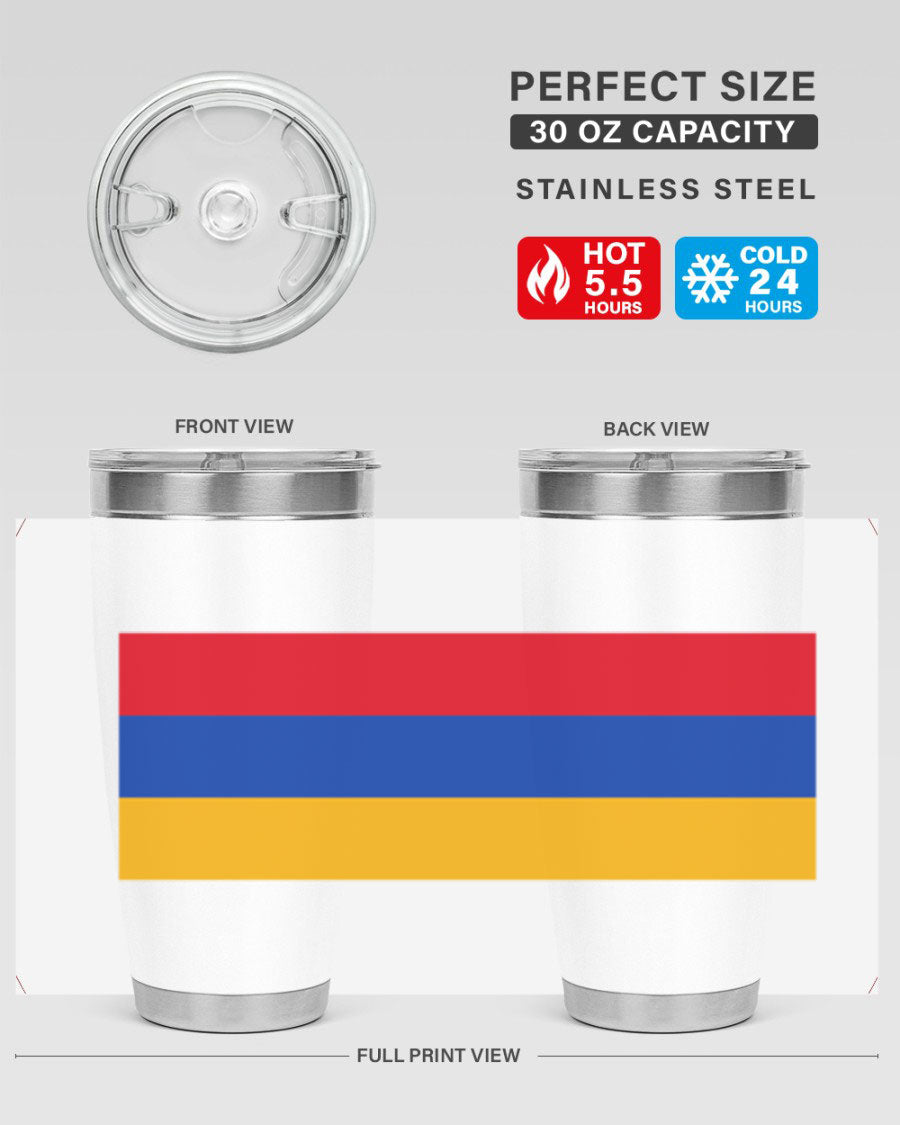 Armenia 190# Tumbler featuring the Armenian flag design, made of double wall vacuum stainless steel with a drink-thru lid.