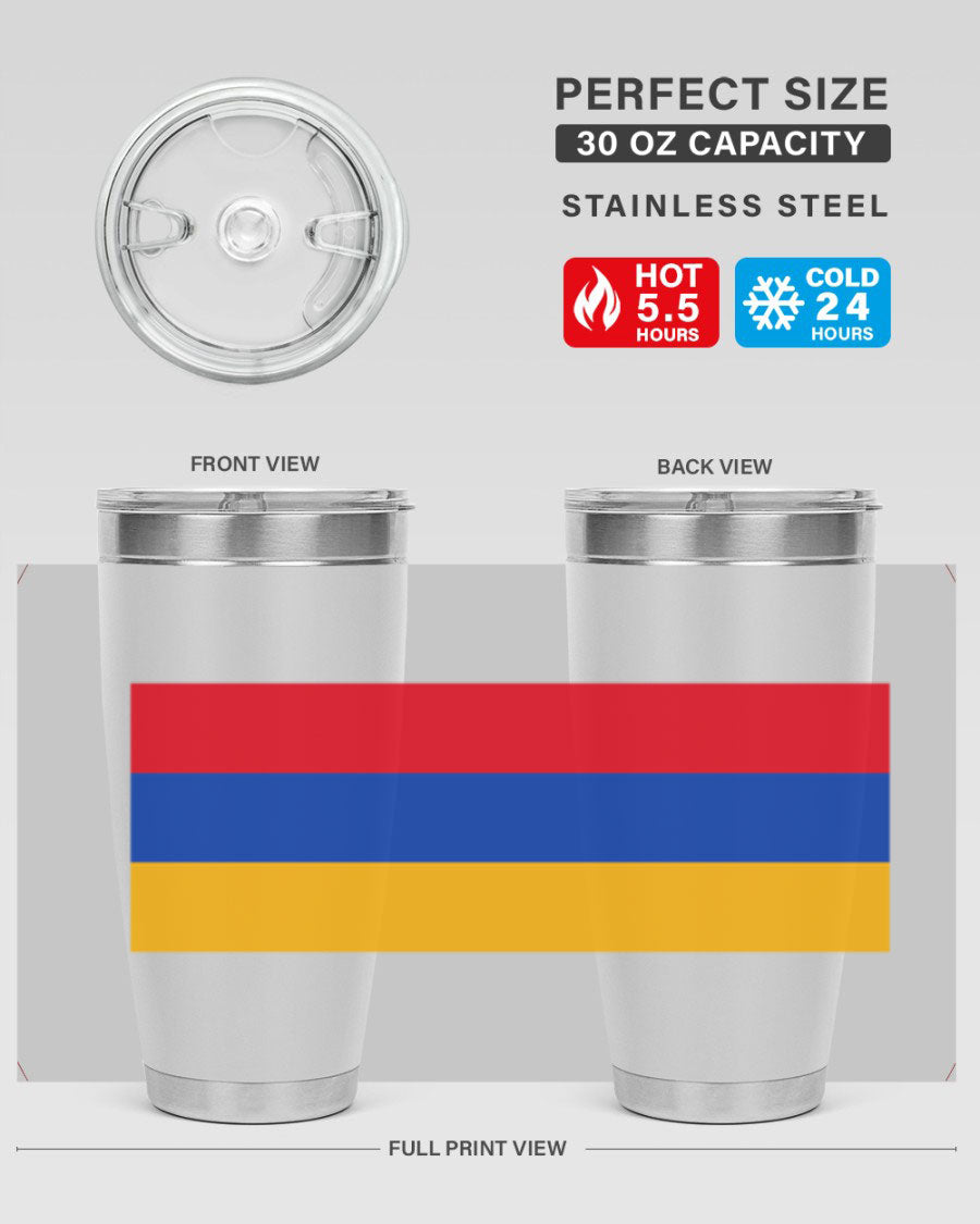 Armenia 190# Tumbler featuring the Armenian flag design, made of double wall vacuum stainless steel with a drink-thru lid.