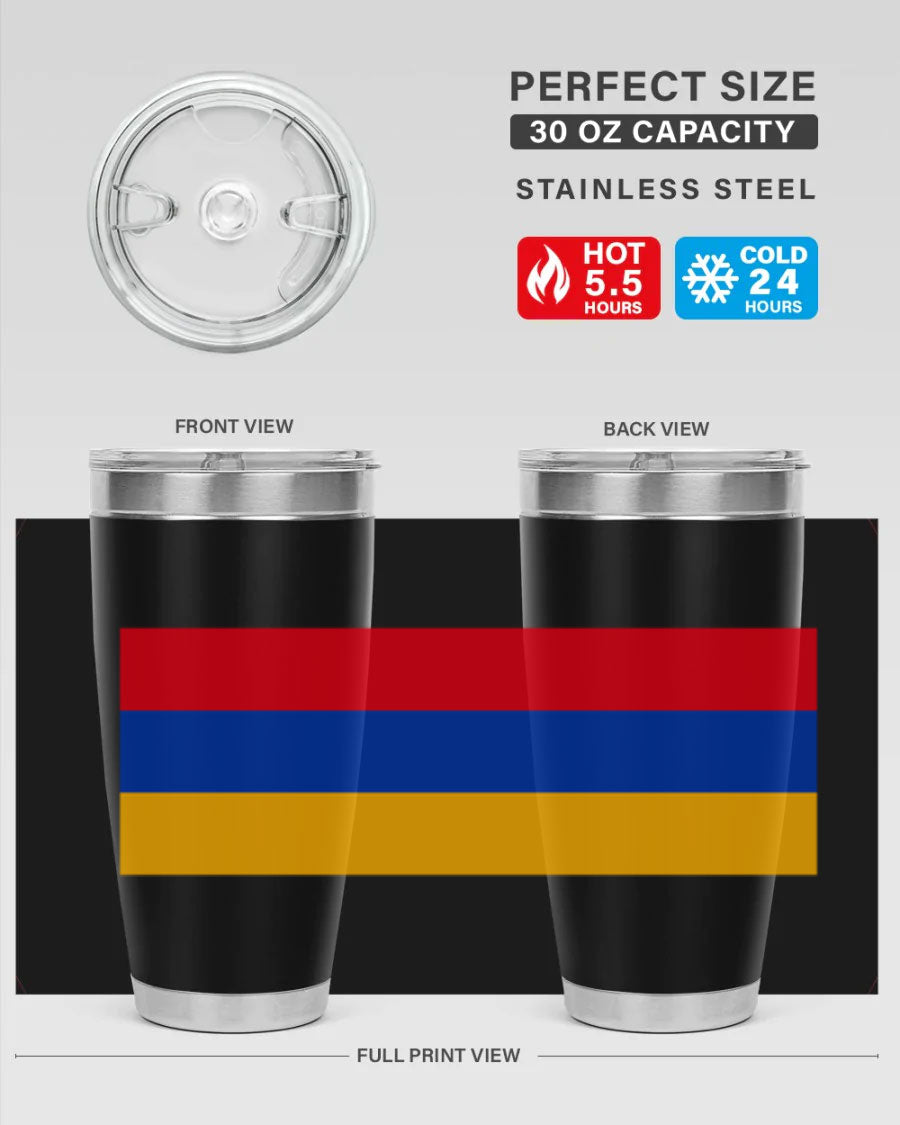 Armenia 190# Tumbler featuring the Armenian flag design, made of double wall vacuum stainless steel with a drink-thru lid.