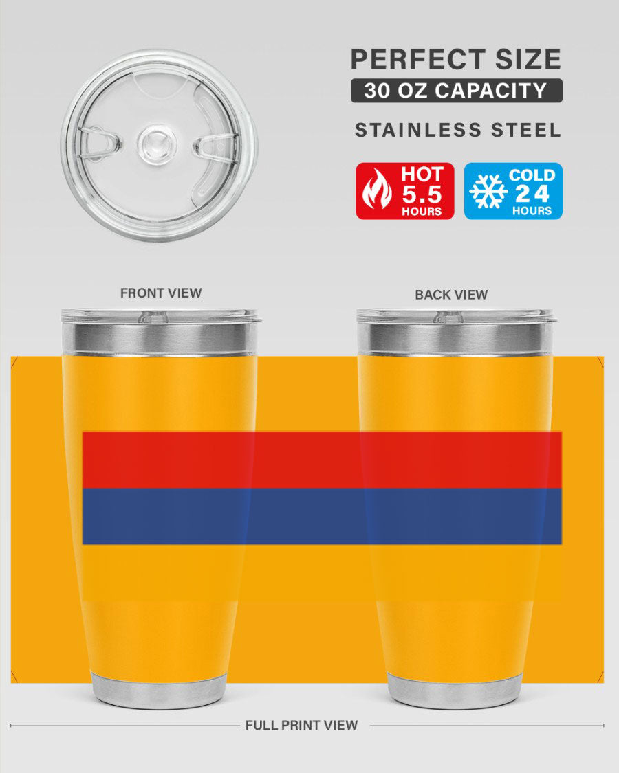 Armenia 190# Tumbler featuring the Armenian flag design, made of double wall vacuum stainless steel with a drink-thru lid.