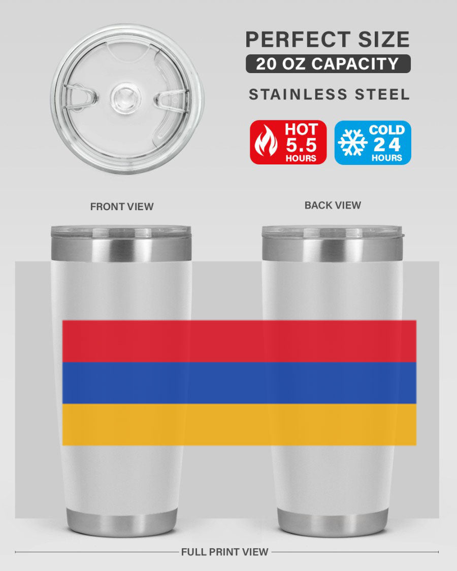 Armenia 190# Tumbler featuring the Armenian flag design, made of double wall vacuum stainless steel with a drink-thru lid.