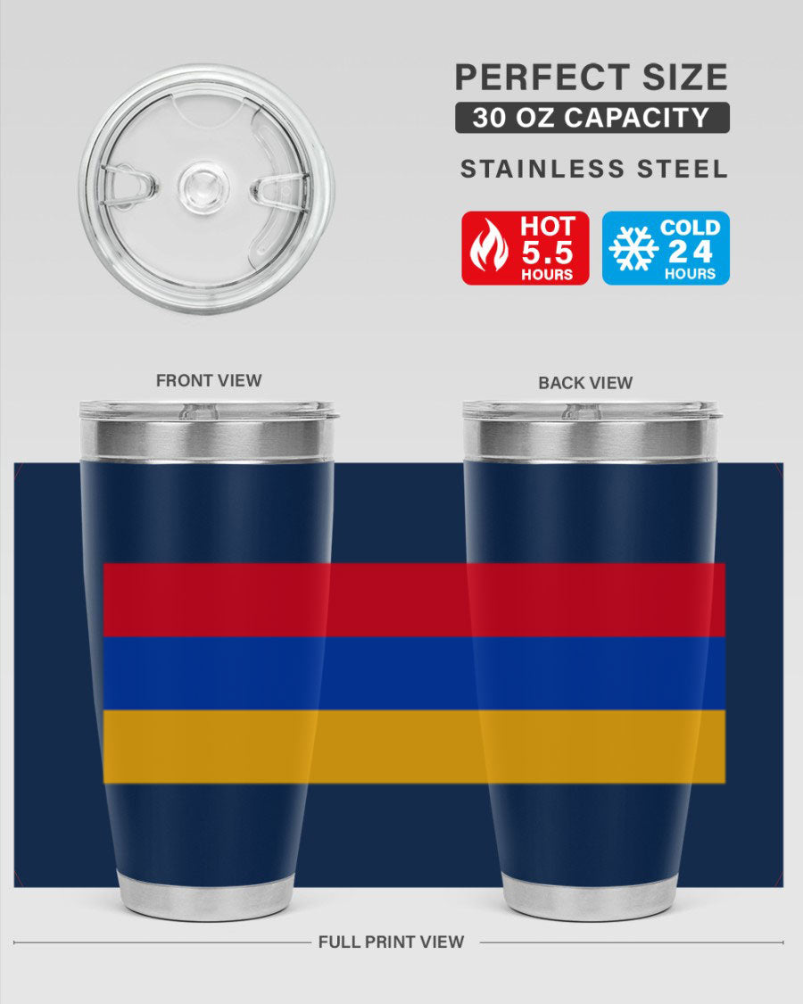 Armenia 190# Tumbler featuring the Armenian flag design, made of double wall vacuum stainless steel with a drink-thru lid.