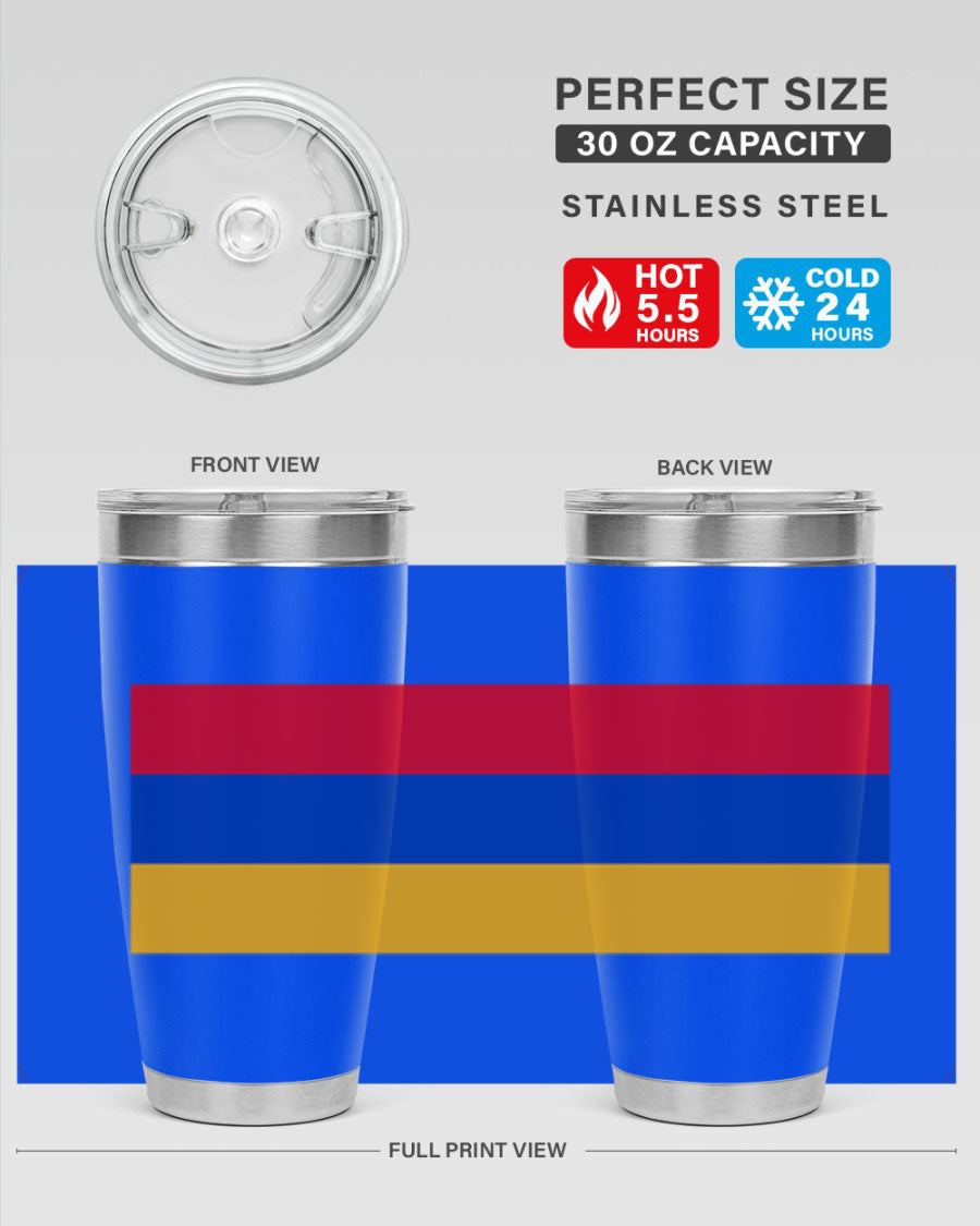 Armenia 190# Tumbler featuring the Armenian flag design, made of double wall vacuum stainless steel with a drink-thru lid.