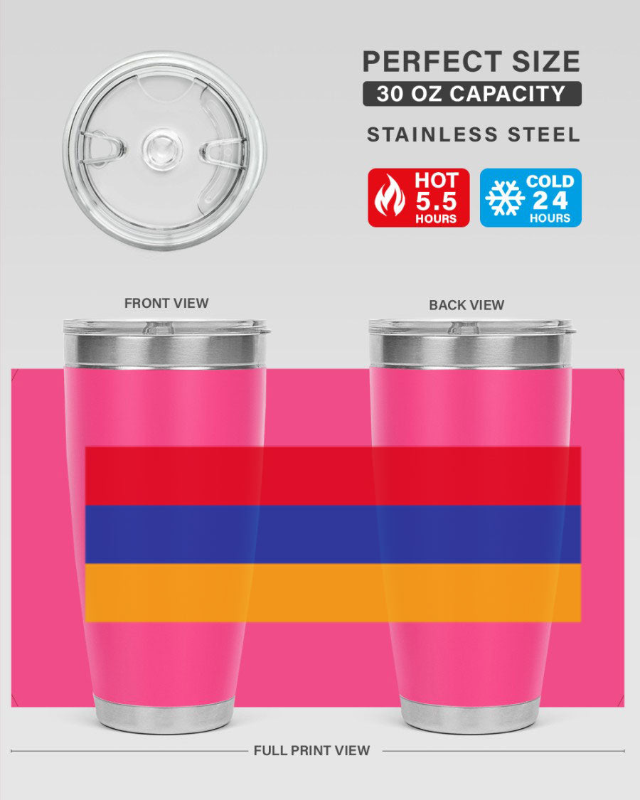 Armenia 190# Tumbler featuring the Armenian flag design, made of double wall vacuum stainless steel with a drink-thru lid.