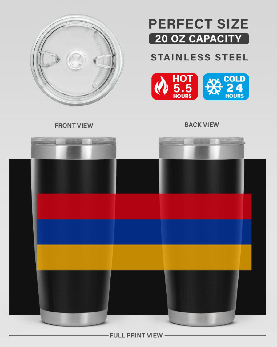 Armenia 190# Tumbler featuring the Armenian flag design, made of double wall vacuum stainless steel with a drink-thru lid.