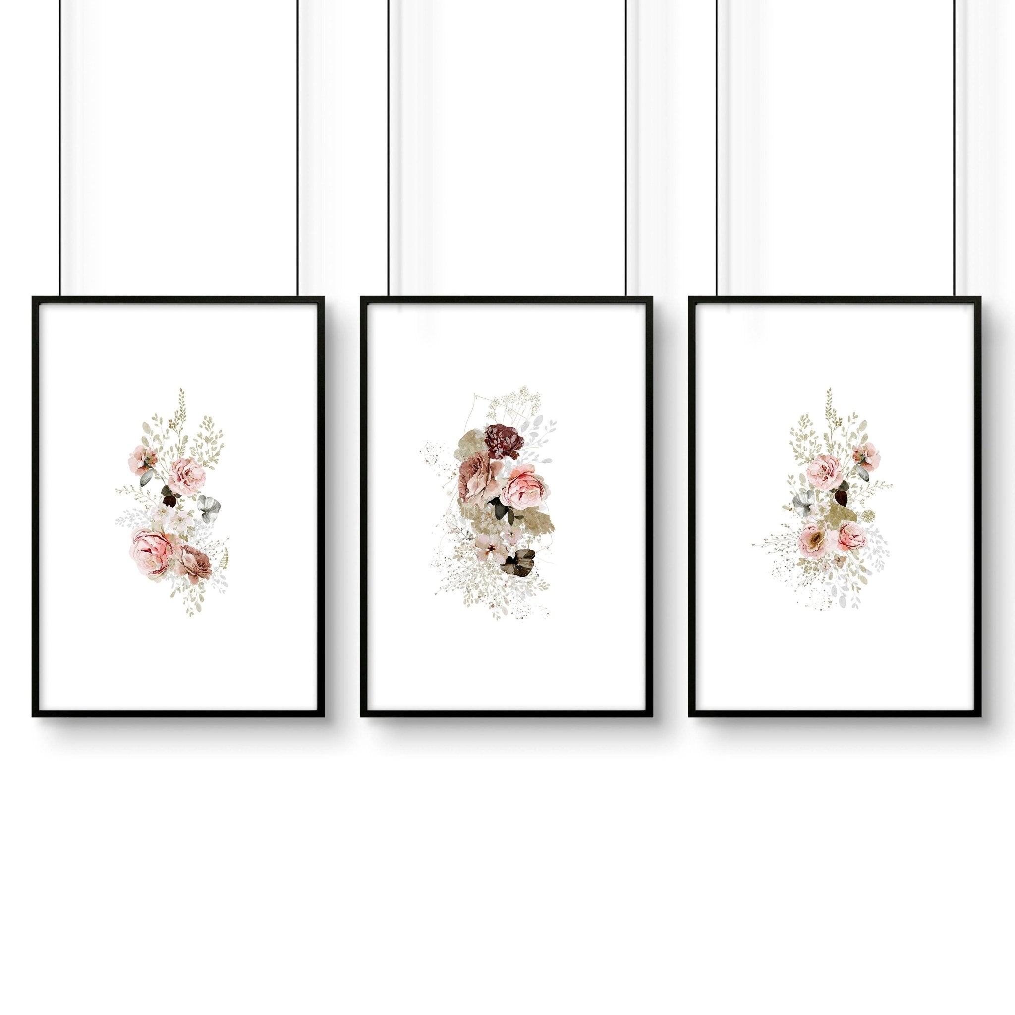 Set of 3 Shabby Chic wall art prints featuring pink and grey roses, perfect for kitchen decor.