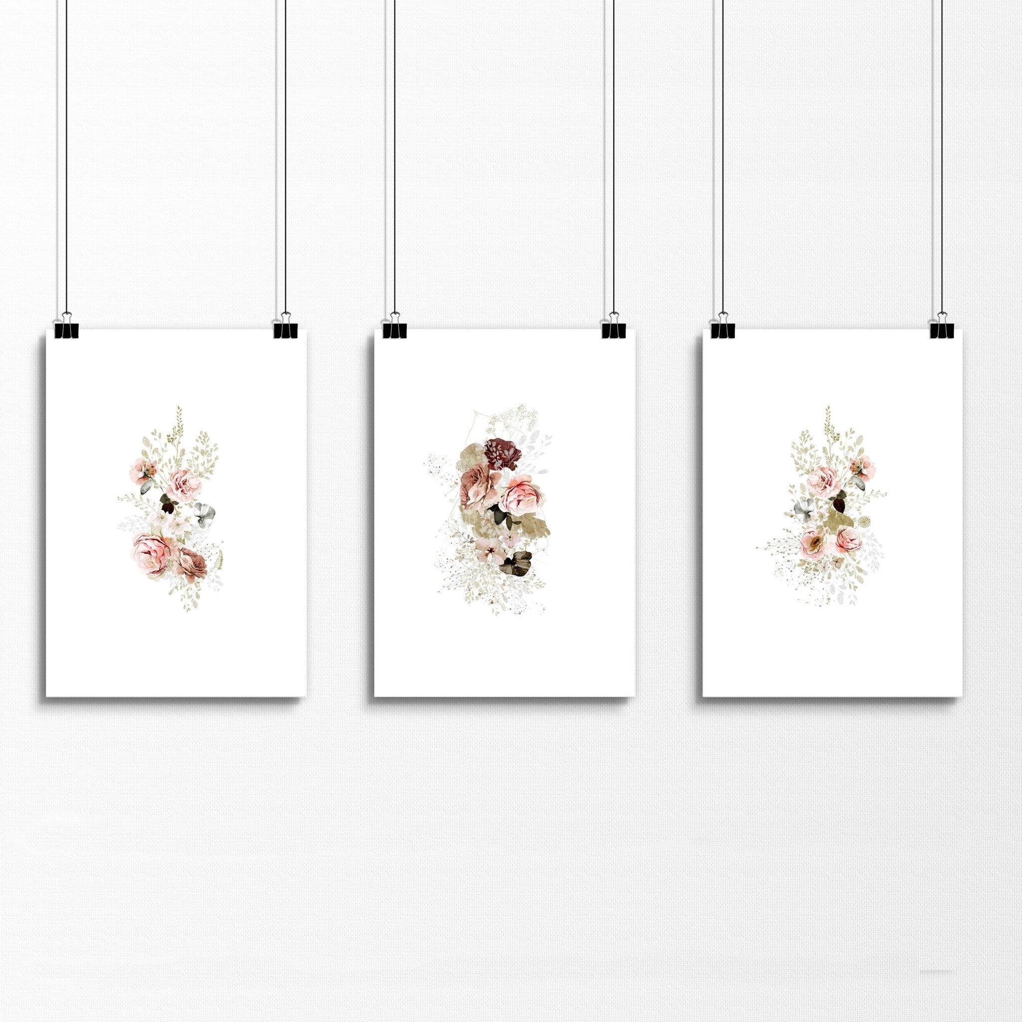 Set of 3 Shabby Chic wall art prints featuring pink and grey roses, perfect for kitchen decor.