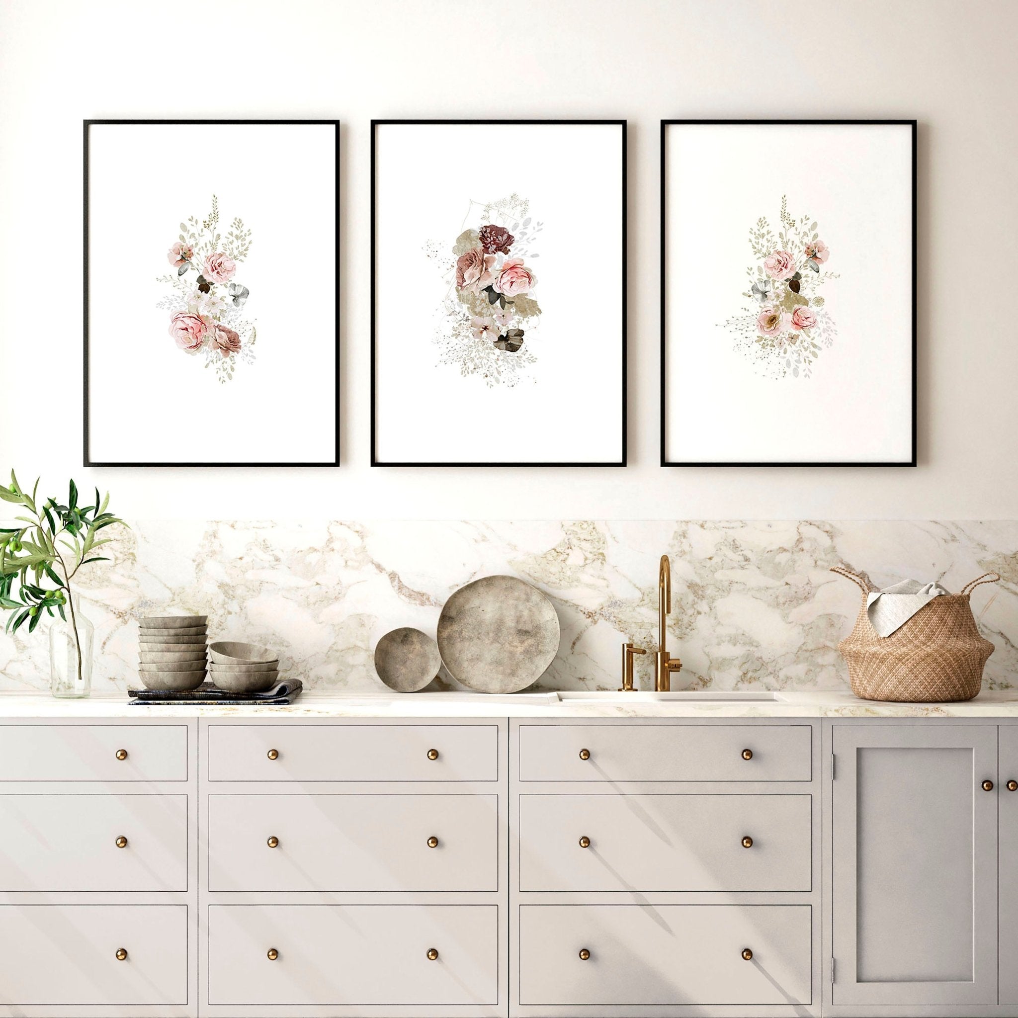 Set of 3 Shabby Chic wall art prints featuring pink and grey roses, perfect for kitchen decor.