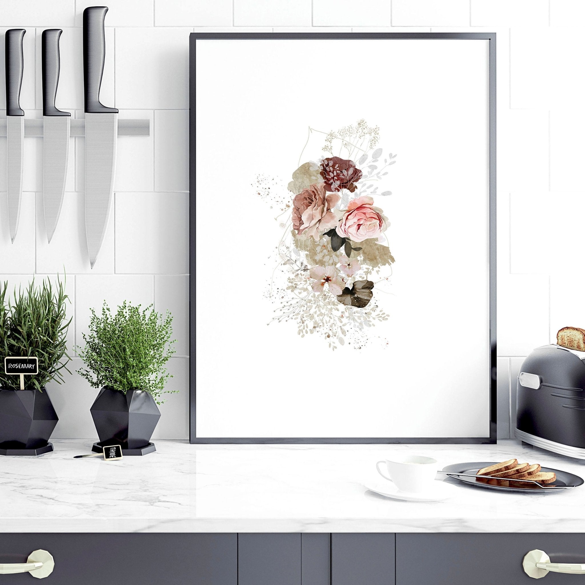 Set of 3 Shabby Chic wall art prints featuring pink and grey roses, perfect for kitchen decor.