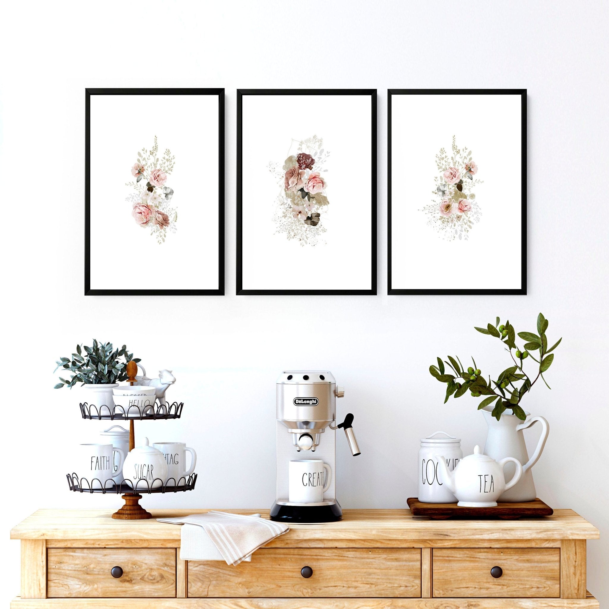 Set of 3 Shabby Chic wall art prints featuring pink and grey roses, perfect for kitchen decor.