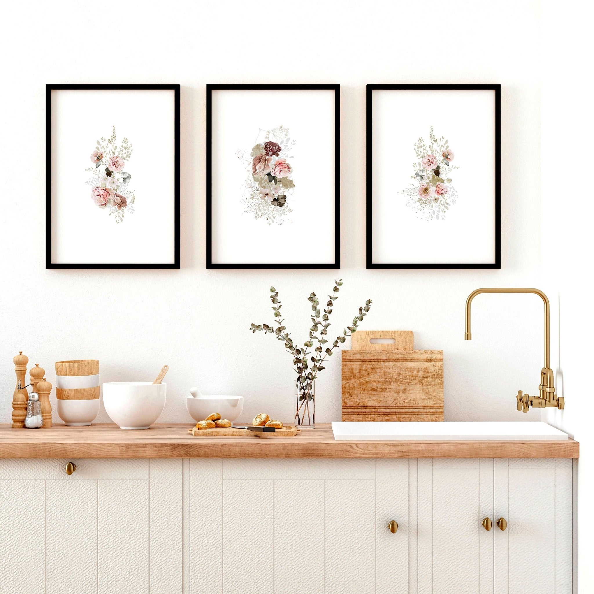 Set of 3 Shabby Chic wall art prints featuring pink and grey roses, perfect for kitchen decor.