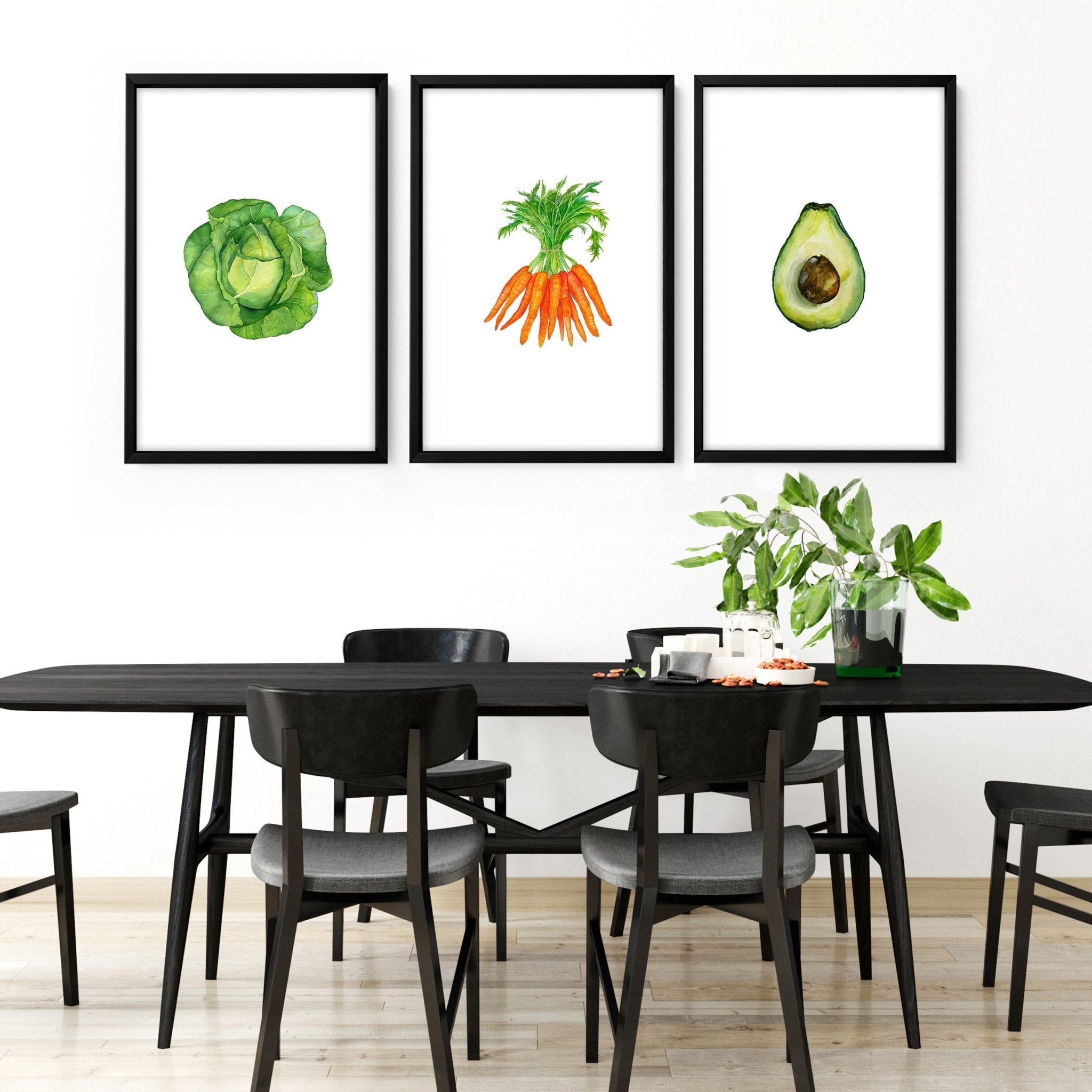 Set of 3 framed vegetable prints showcasing vibrant illustrations of vegetables, perfect for kitchen decor.