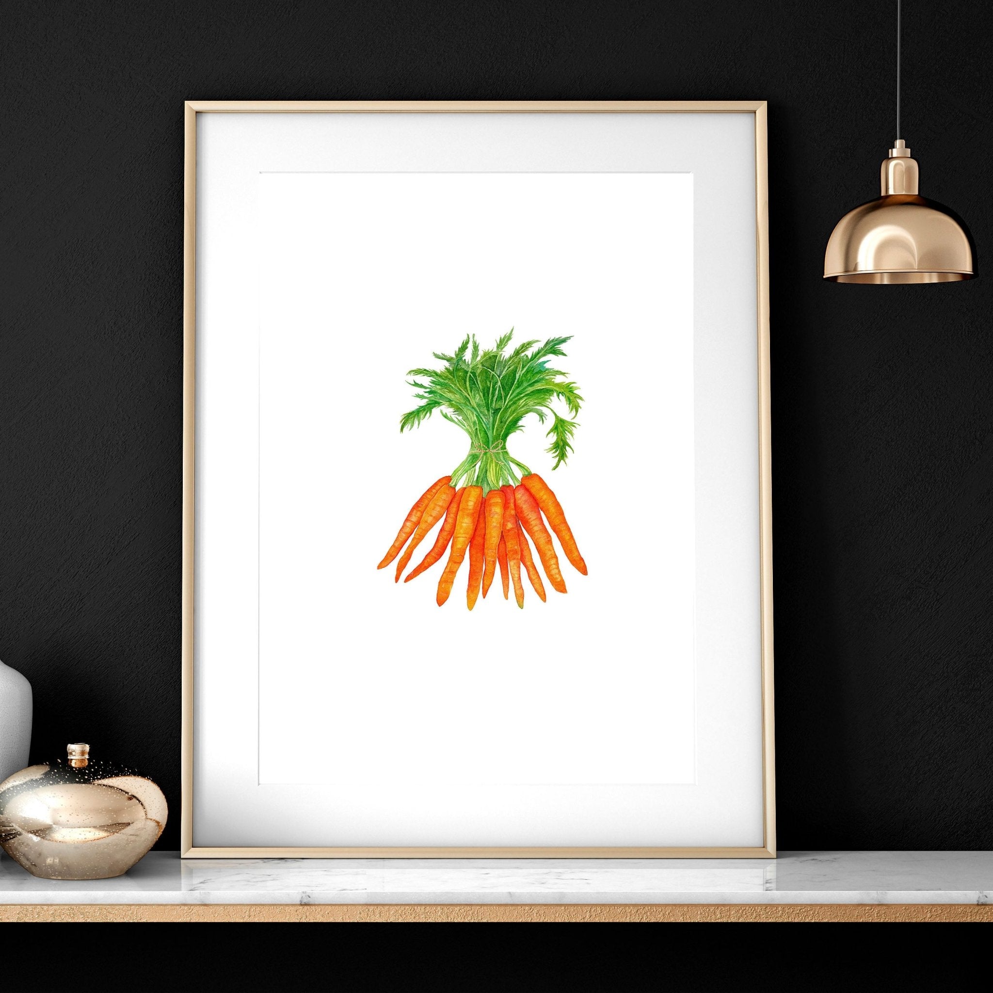 Set of 3 framed vegetable prints showcasing vibrant illustrations of vegetables, perfect for kitchen decor.