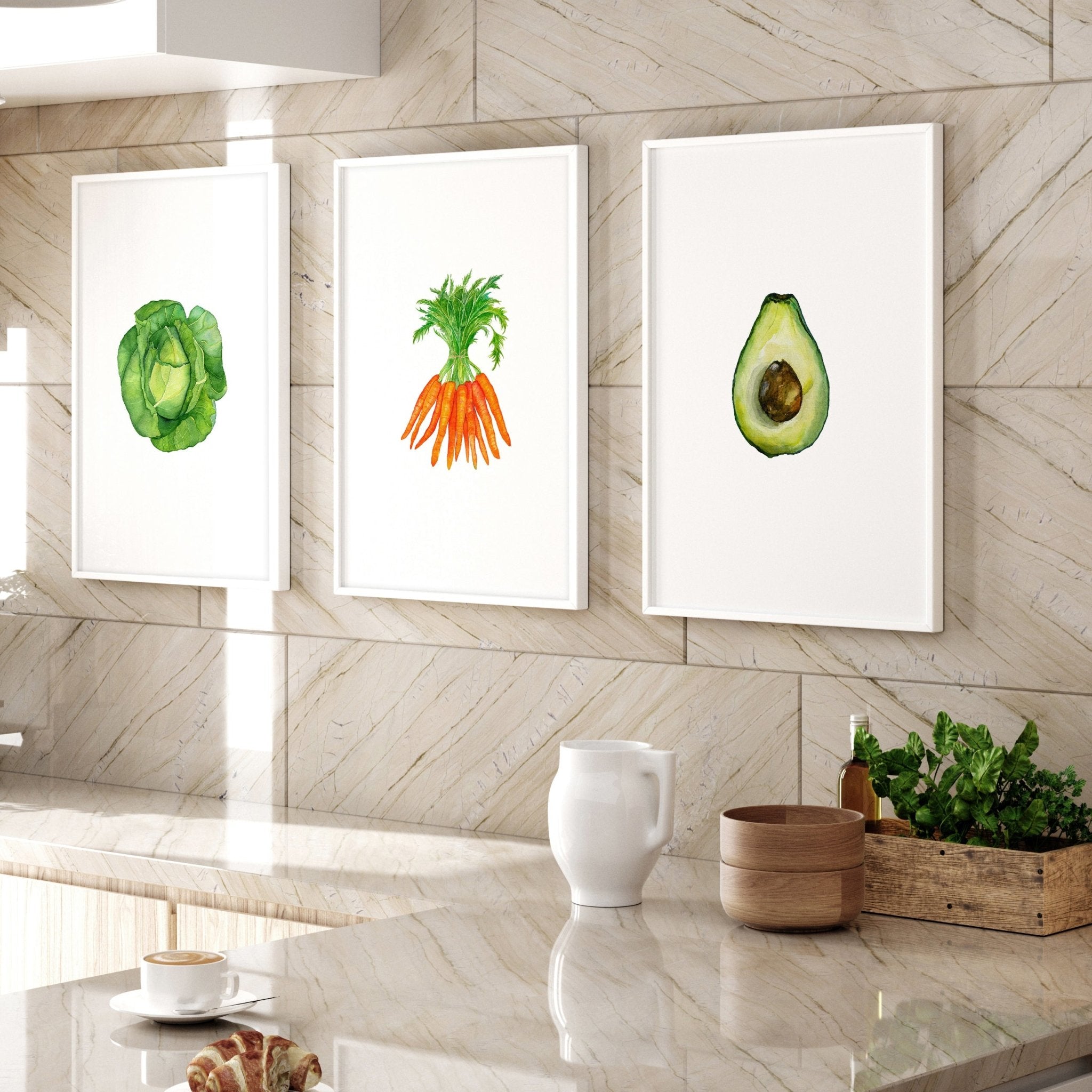 Set of 3 framed vegetable prints showcasing vibrant illustrations of vegetables, perfect for kitchen decor.