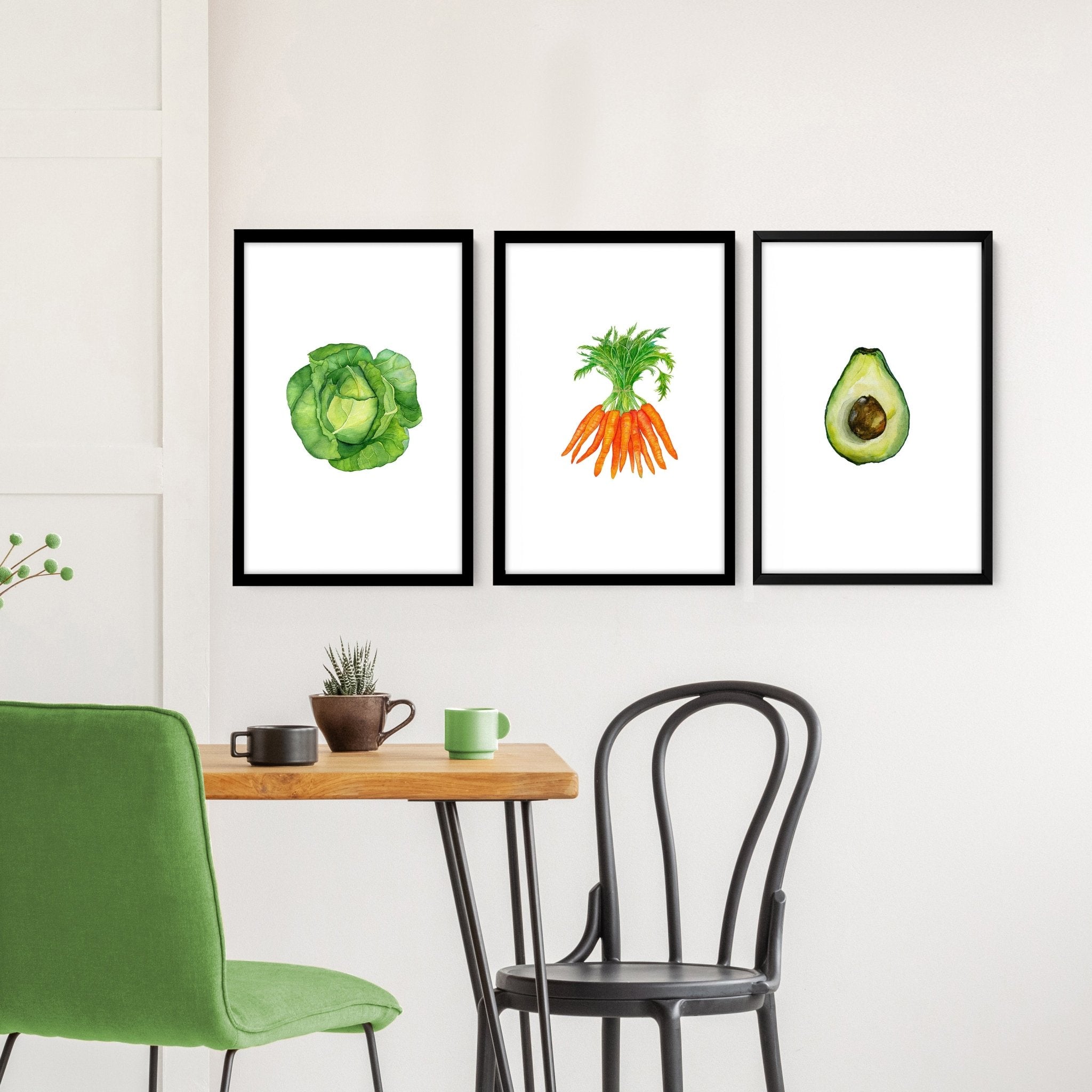 Set of 3 framed vegetable prints showcasing vibrant illustrations of vegetables, perfect for kitchen decor.