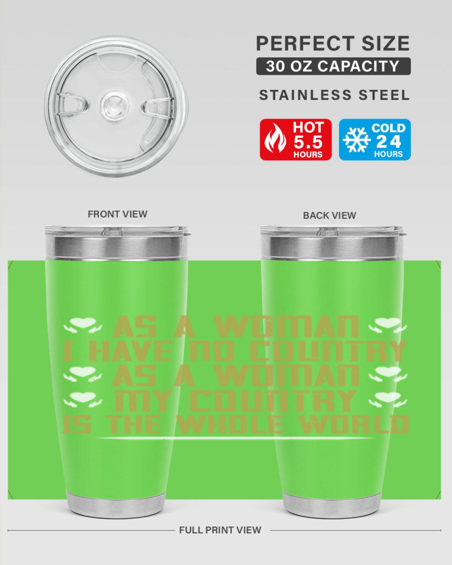 Stylish 20oz and 30oz stainless steel tumblers with a modern design, perfect for hot and cold beverages, celebrating women's empowerment.