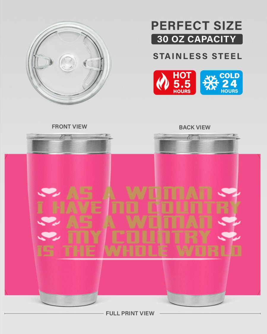 Stylish 20oz and 30oz stainless steel tumblers with a modern design, perfect for hot and cold beverages, celebrating women's empowerment.